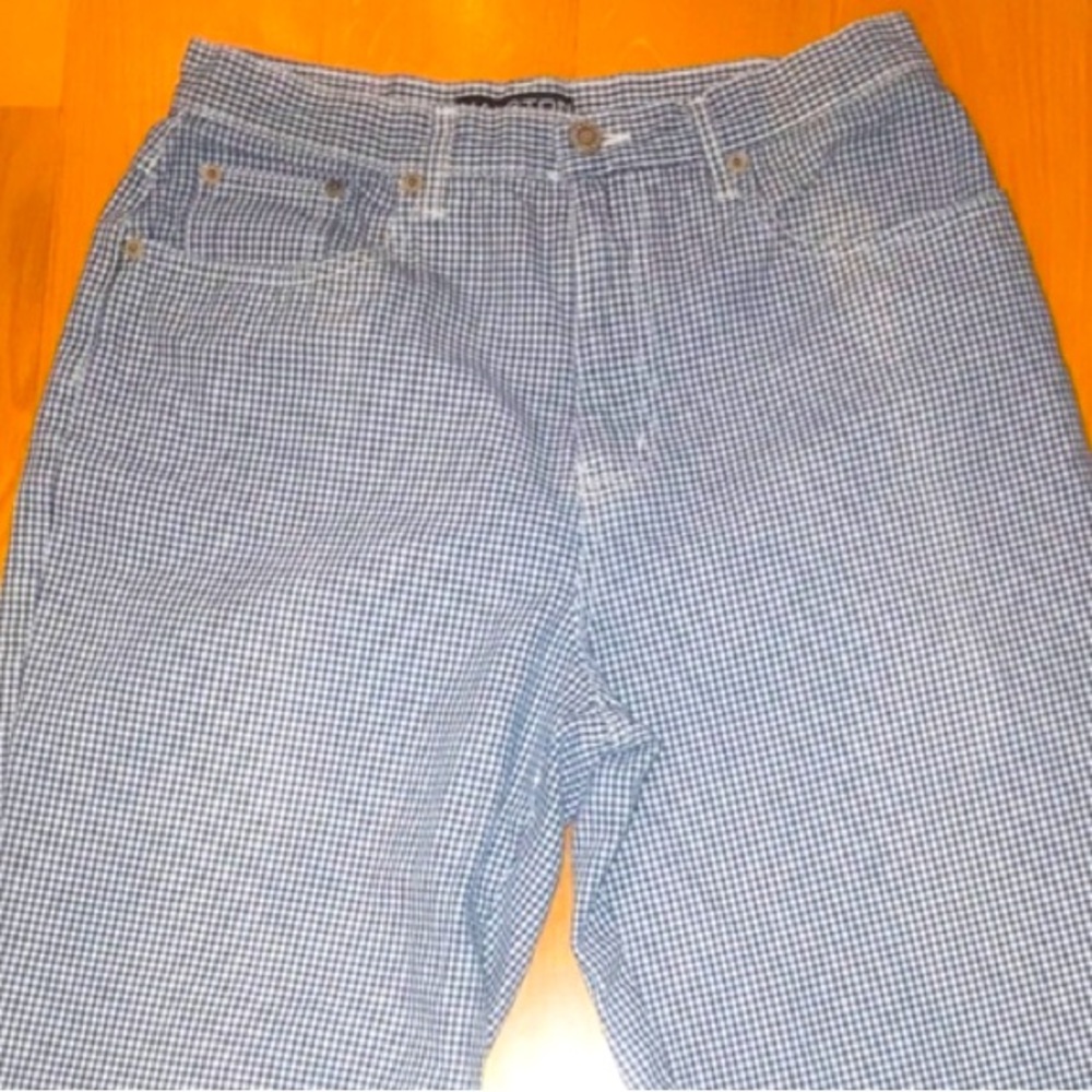 Halston Denim Jeans Capri Pants 10 blue gingham check high rise Mom vintage
